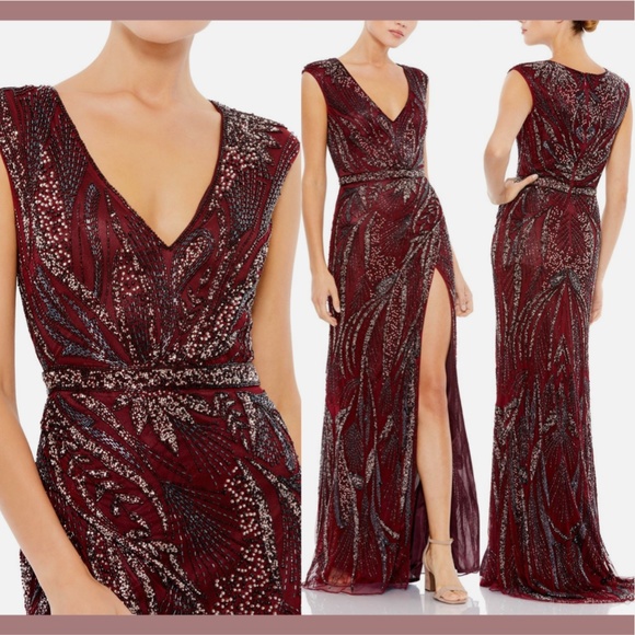 NWT $598 Mac Duggal [ 12 ] Intricate Beaded V-Neck High Slit Gown Burgundy‎ Red - Picture 15 of 15